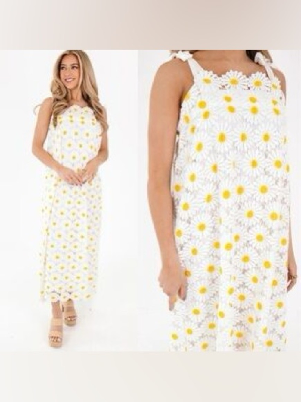 Summer Daisy Tie-Shoulder Maxi Dress - White & Yellow